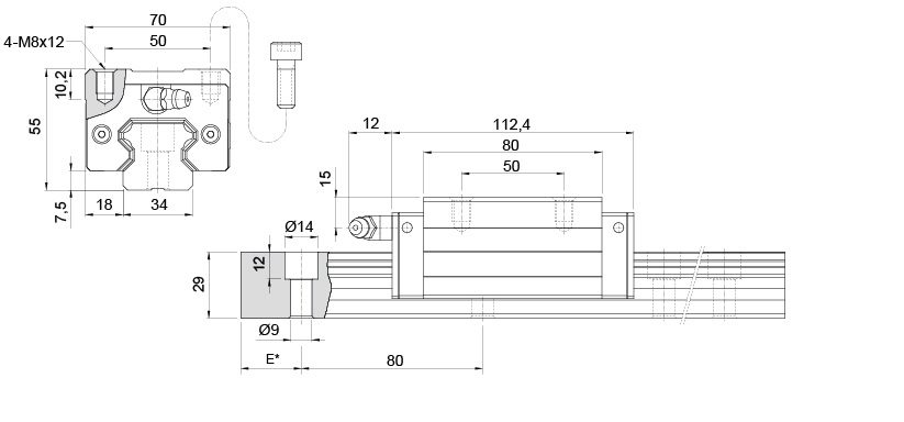 KRH35-VL - guia linear 35mm sem aba dimensoes